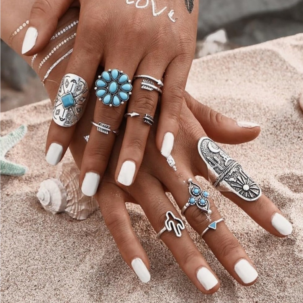 Turquoise and Silver Bohemian Ring Set - Picture 2 of 5